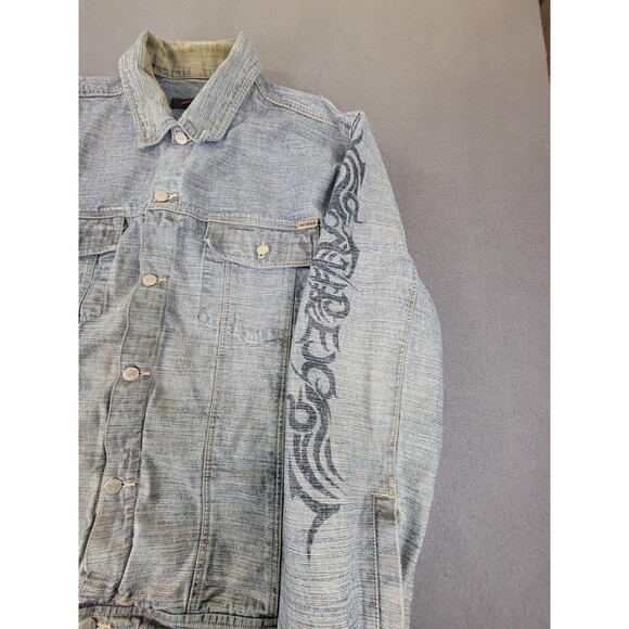 Avirex Denim Jacket Mens 2XL Blue Tribal Sleeve Graphic Button Up Distressed - Picture 6 of 15